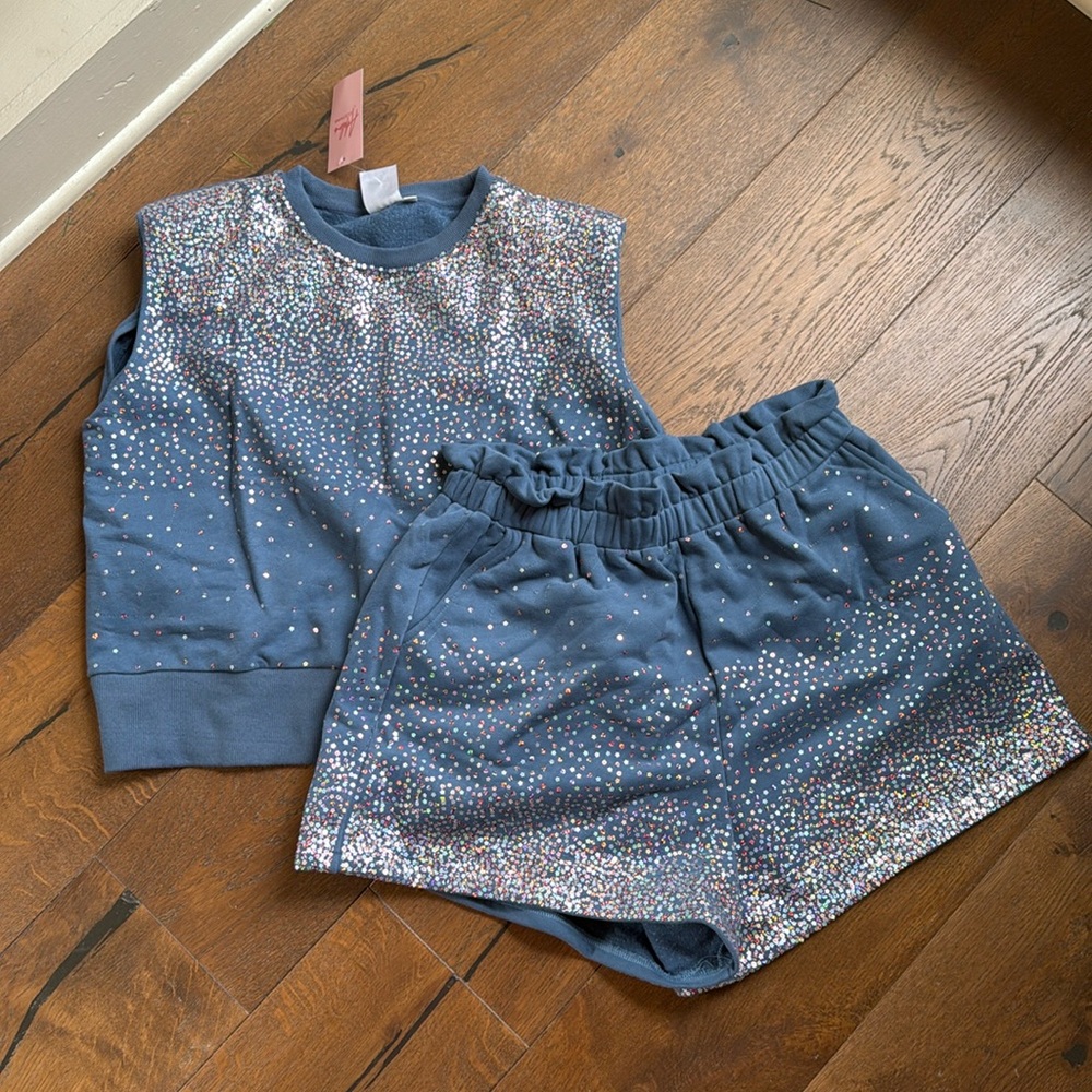 Queen of sparkles blue Stars and Stripes scatter sparkle top and shorts set.